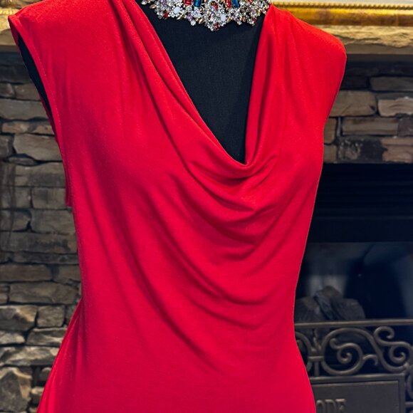 Stylish fitted Red Blouse with draped front and Lace on the back, Size Medium - Picture 2 of 8